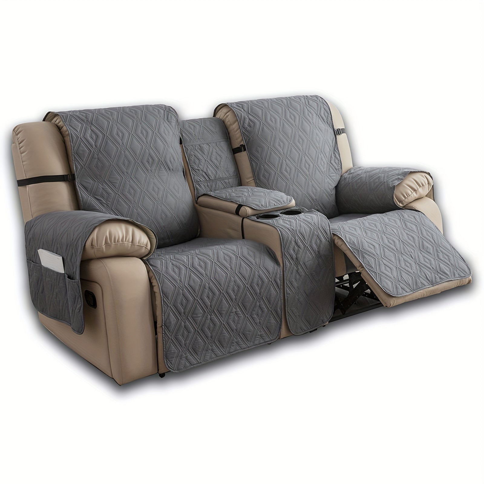 TEMU 4pcs-set Loveseat Recliner Cover With Centerconsole| Coverfor Dual Recliner With Straps Design|split Reclining Loveseat Cover Furniture Pet