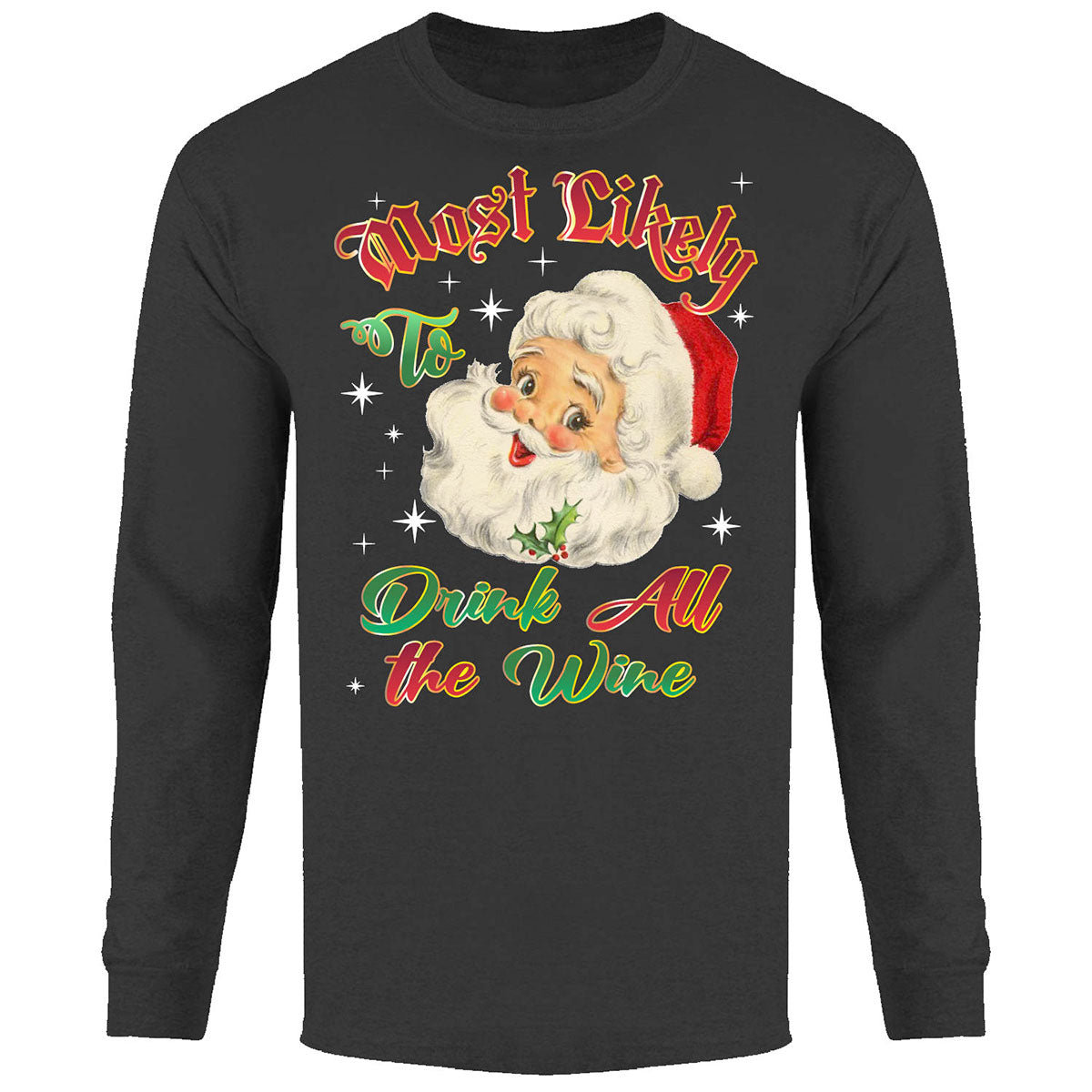 Men's Christmas Long Sleeve Shirt - Drink All The Wine - Black - L