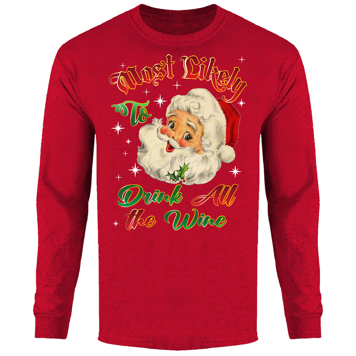 Men's Christmas Long Sleeve Shirt - Drink All The Wine - Red - S