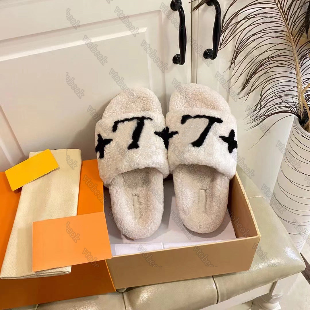 designer fur slipper women Winter slipper fur woolen plush slides lambskin sandals flat heel slippers home loafers cotton shoes