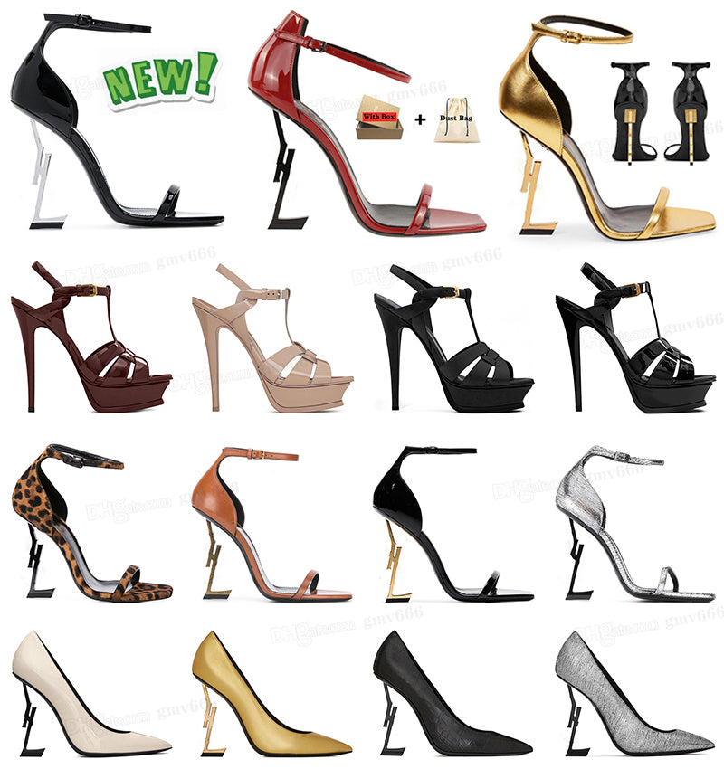 Women luxury high heels Dress shoes designer fashion patent leather Gold Tone triple black Silver nuede womens lady sandals party wedding office pum