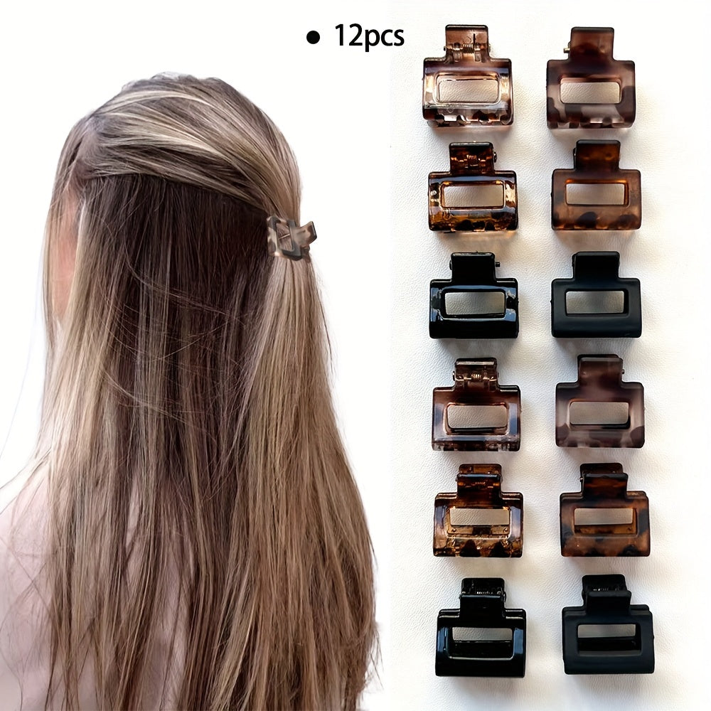 TEMU 12pcs Women's Fashion Hollow Square Claw Clips With Vintage Leopard Print, Matte And Glossy Finish, 0.86inch-2.2cm Small Size Hair Accessories
