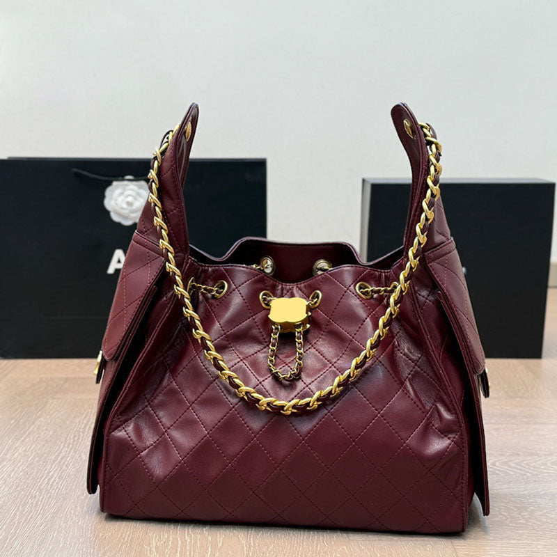 Women Large Casual Hobo Underarm Bag Golden Buckle Shoulder Tote with Flap Pockets Diamond Lattice Matelasse Chain Strings Handbag Multi Colors Wall