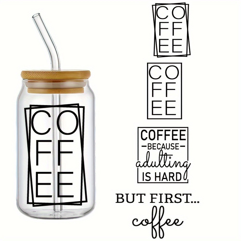TEMU 4-pack Coffee-themed Uv Dtf Cup Wraps, 3d Crystal 16oz Glass Can Decals, Waterproof & -resistant Self-adhesive Transfer Paper, Diy Fashion