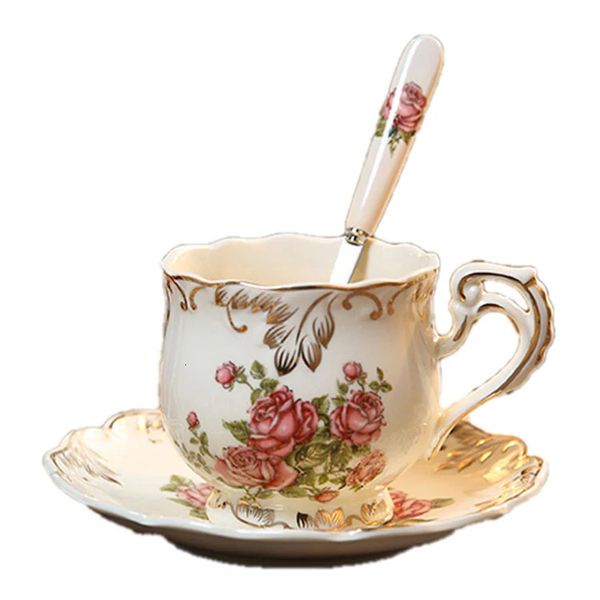 Ivory porcelain tea cup and sauce rose tea cup with spoon coffee cup retro floral Chinese tea cup 250ml for tea parties 240929