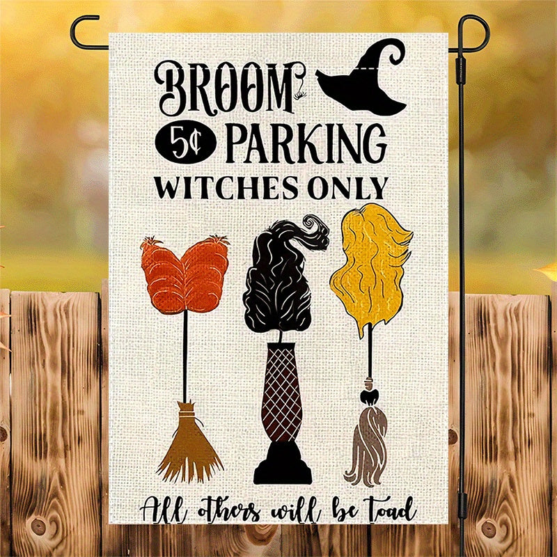 TEMU 1pc Halloween Broom Parking Garden Flag - Dual-sided Weather-resistant Polyester Outdoor Decoration, 12x18 Inch Seasonal Hat & Broom Design With
