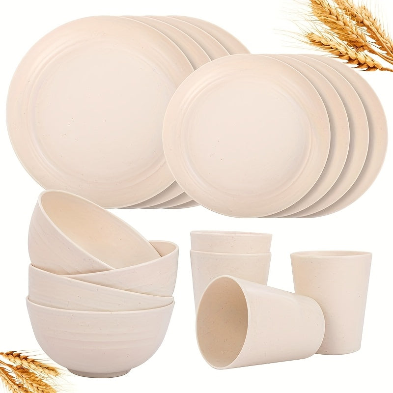 TEMU 32-16pcs Wheat Straw Dinnerware Sets, Plates And Bowls Sets For 8, Black Plastic Dinnerware Sets, Microwave Dishwasher Safe Plates, Dishes Set