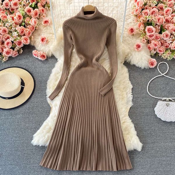 Underlay Coat with Pleated Long Fit and Slim Fit, Half High Collar, Knee Length Sweater Skirt, Knitted Dress Short Self-cultivation BOHO DRE
