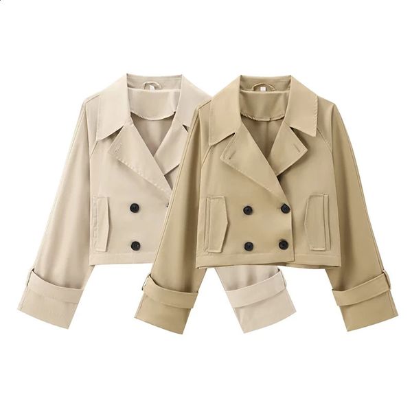 YUEYANG Women Fashion Chic Short Trench Style Jacket Female Buttons Pockets Double Breasted Cropped Coat Outerwear 250109