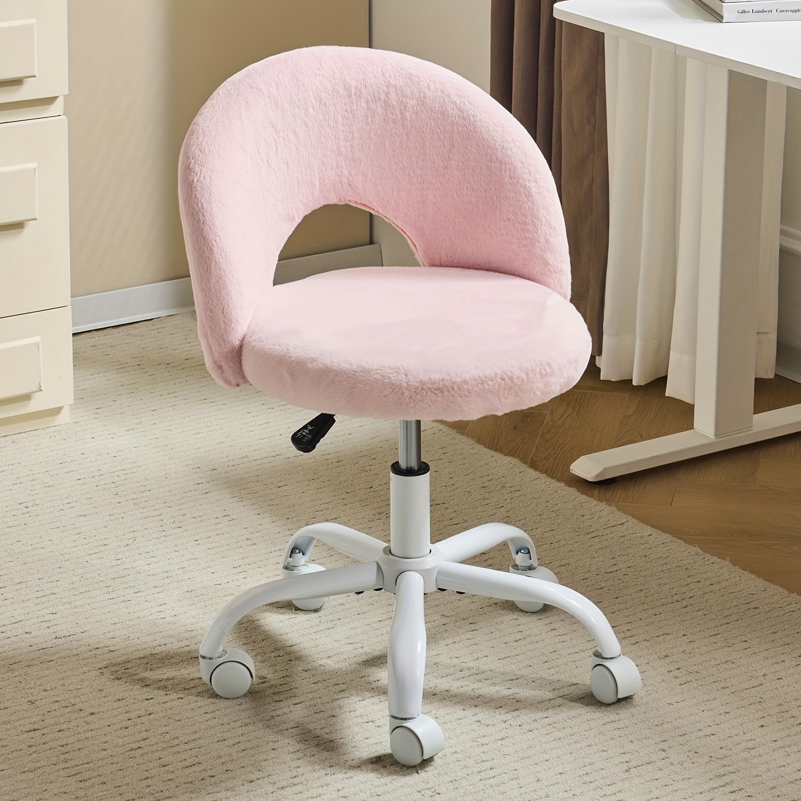 TEMU Bonnlo Cute Vanity Chair With Wheels, Comfy Armless Office Chair, Adjustable Height And Rolling Wheels Desk Chairs For Study Make Up Room