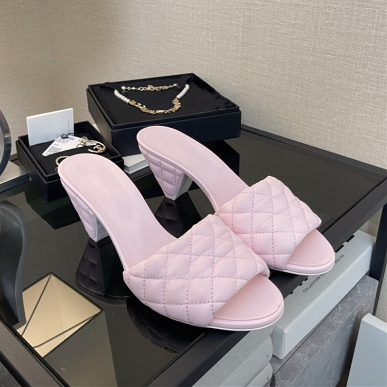 Diamond Check Open Toe Casual Slippers Triangle Heel Candy Color One-Line High Heel Slippers