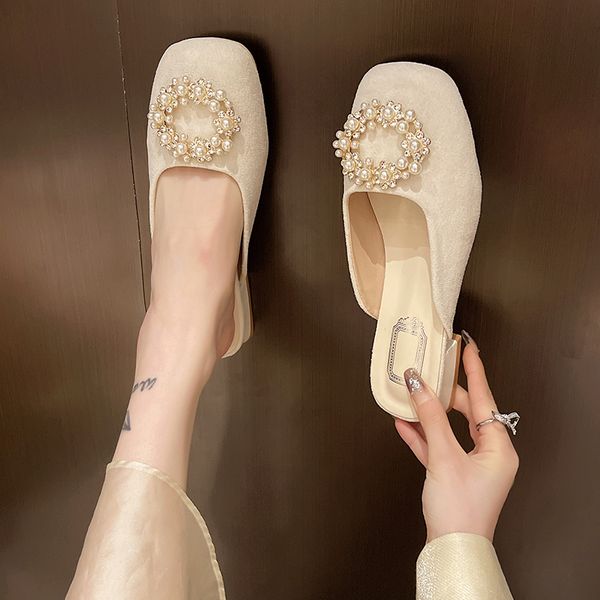 Mules Pearl For Slip On Square Heel Slippers Women Pointed Toe New Designer Slides Elegant Office Shoes 2796 pers