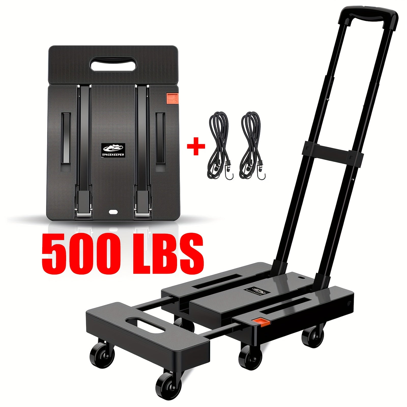 TEMU Folding Hand Truck, 500 Lb Heavy Duty Luggage Cart, Utility Dolly Platform Cart With 6 Wheels & 2 Elastic Ropes For Luggage, Travel, Moving,