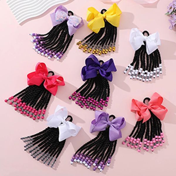 2PCS Crianças rabo de cavalo com contas Braids Extensão de cabelo destacável Sintético Carefas de Curly BOWS Proteção para meninas criança 2