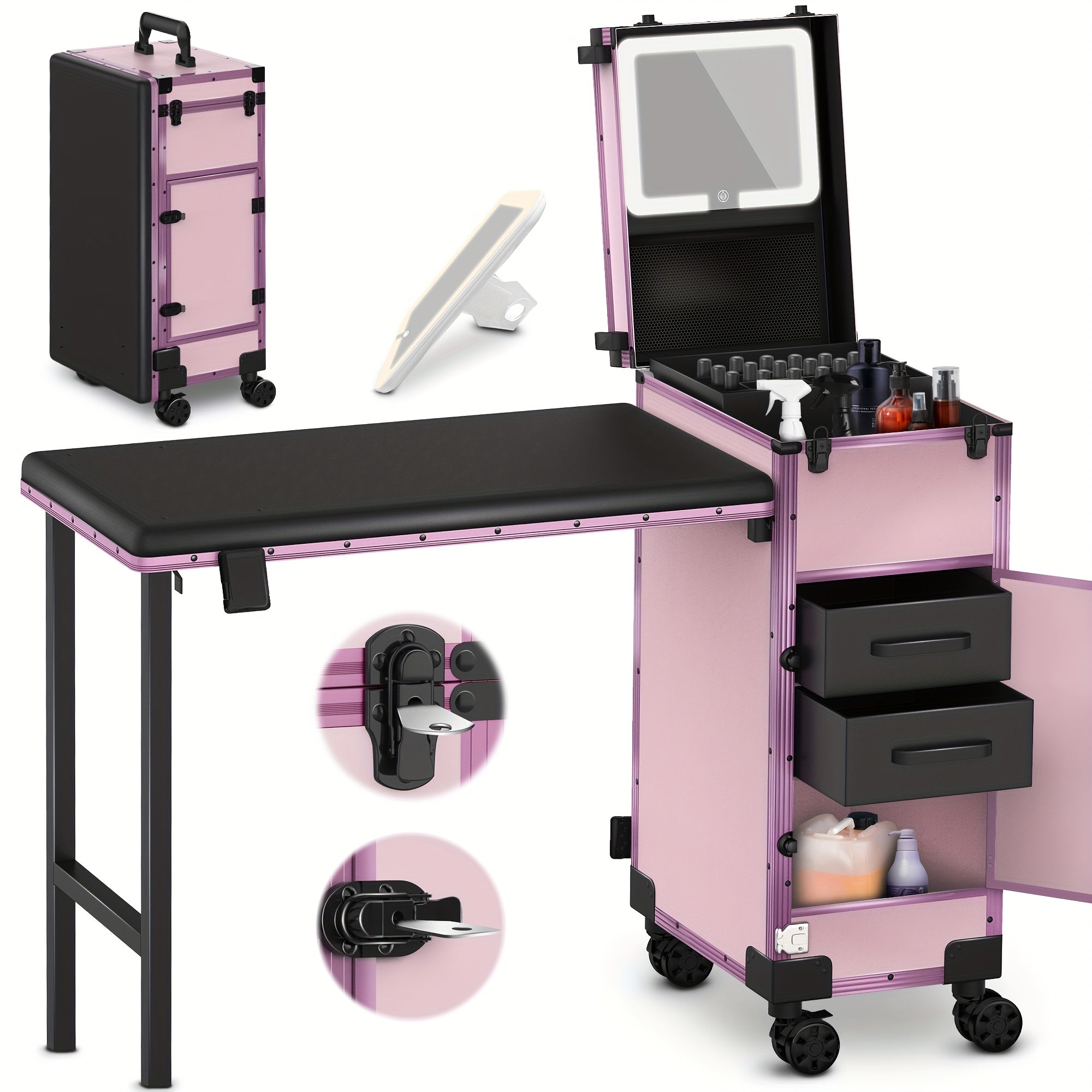 TEMU Rolling Portable Manicure Table With 3 Lockable Drawers, Mirror & Nail Polish Organizer, Foldable Nail Desk & Usb-powered - Heavy-duty Lockable