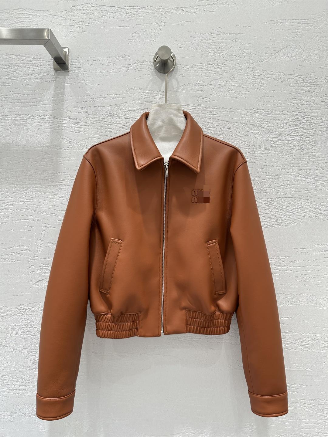 New women autumn fashion turn down collar logo letter jacquard brown color designer PU leather jackets warm coats SML