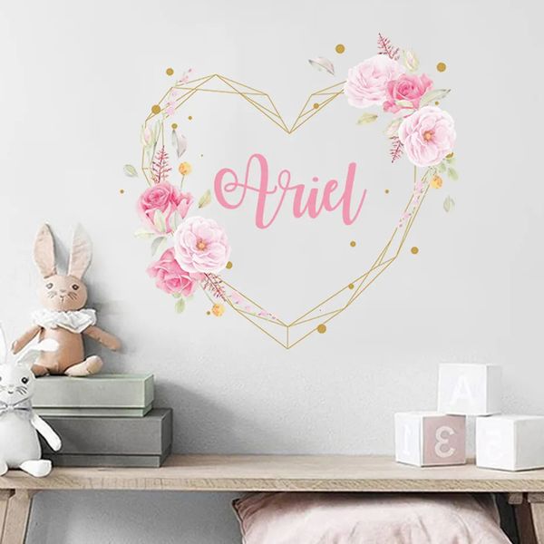 Wall Stickers Custom Name Peony Flowers Girl Nursery Peel and Stick Vinyl Decals Baby Kids Room Interior Home Decor Gifts 231212