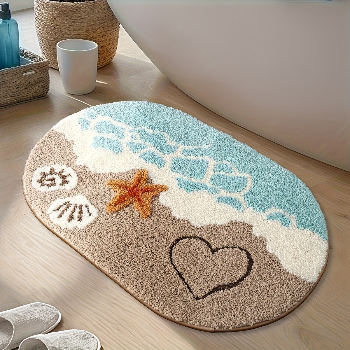 TEMU 1pc Plush Cashmere Bathroom Mat - Ocean-themed Oval Floor Mat With Beach Starfish & , Anti-slip Absorbent Machine Washable Bath Mat, Home Decor