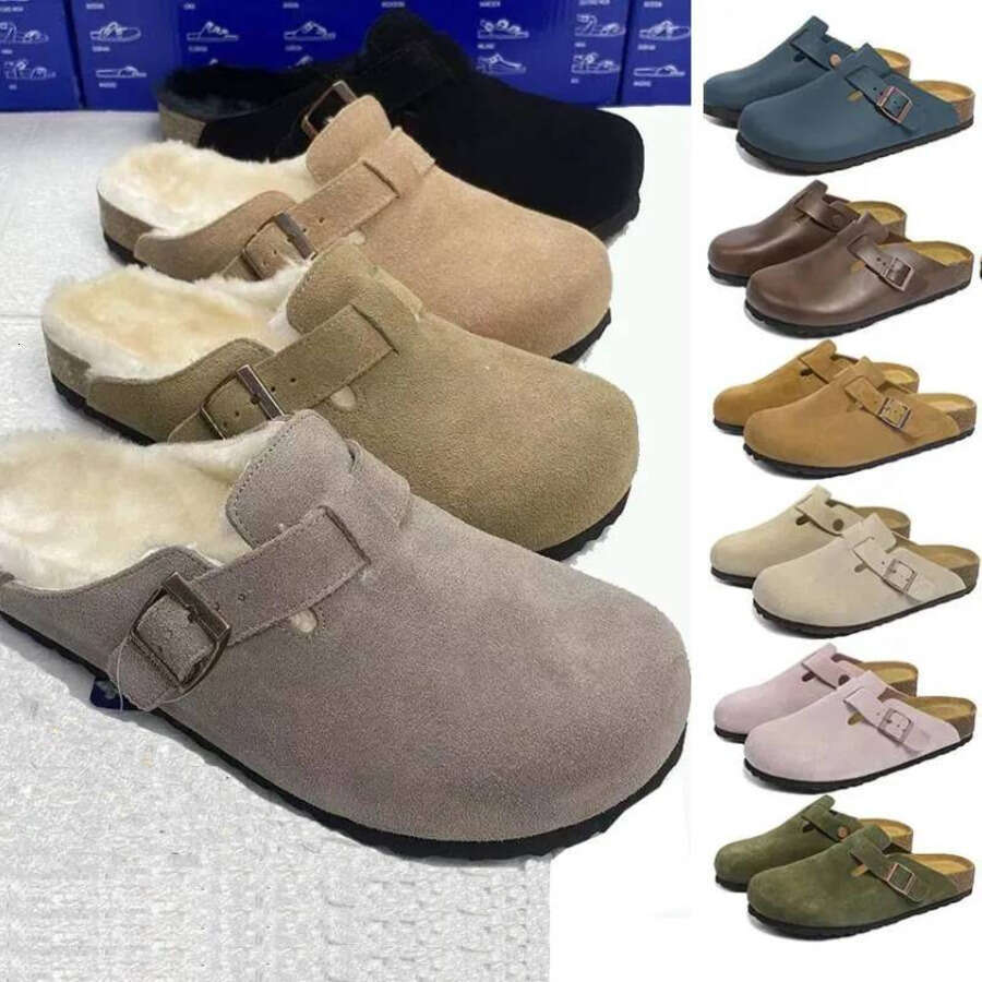 2025 Boston Clogs Big Size 3546 Designer Slippers Shearling Fur Slides Mens Womens Suede Soft Footbed Taupe Nubuck Cork Shoes London Clogs