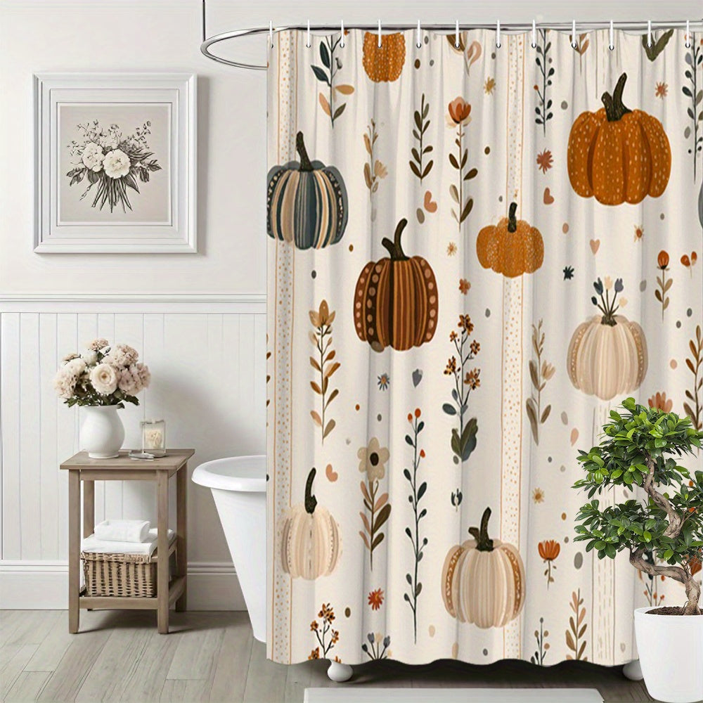 TEMU 1pc Autumn Pumpkin Farmhouse Shower Curtain - Polyester Fabric, 70, 8x70, 8 Inch, 12 Hooks, Washable, Decor For Bathroom, Seasonal Bathroom