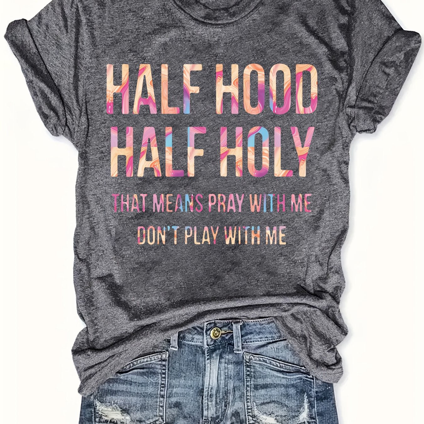 TEMU Plus Size Half Hood Print T-shirt, Casual Short Sleeve Top For , Women's Plus Size Clothing