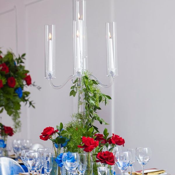 for led candle)Elegant 5 arm tall acrylic crystal candelabra candle holders centerpieces for wedding table decoration