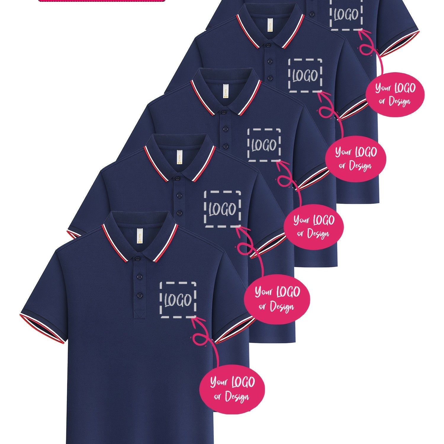 TEMU 5pcs Men's Summer Striped Collar Shirts, Custom Logo Digital Heat Transfer, Casual Fashion Lapel Short Sleeve Tops, Breathable Lightweight