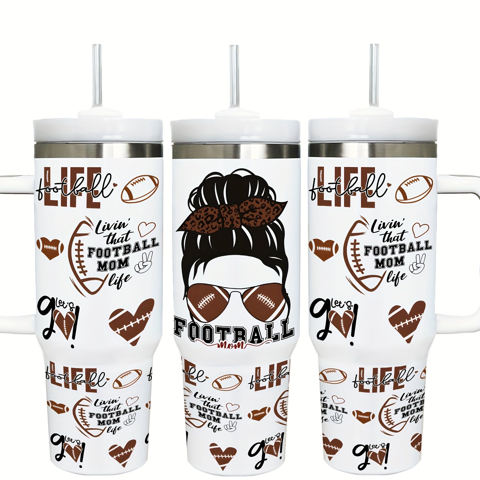 TEMU 1pc 40oz Stainless Steel Tumbler With Handle And Straw, Football Mom, Double Wall Insulated Travel Mug, Reusable, Hand Wash, Coffee Drinks, Oval