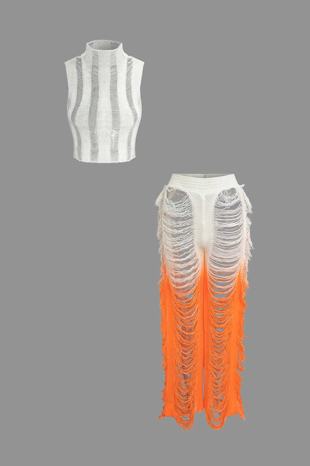 Contrast Distressed Ladder Knit Pants Set