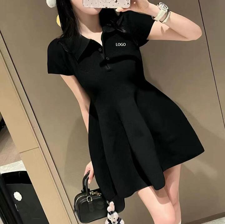 Paris womens dress designer brand casual dresses high-end custom V-neck high-waisted skirts Fashion girls black slim dress black full dress