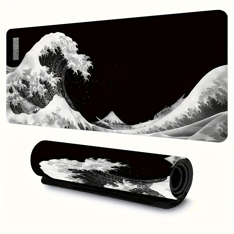TEMU Extra Large Japanese Wave Gaming Mouse Pad - Non-slip, Washable Rubber Base Desk Mat 35.4x15.7 Inches - Vibrant Black & White , Ideal For Gamers