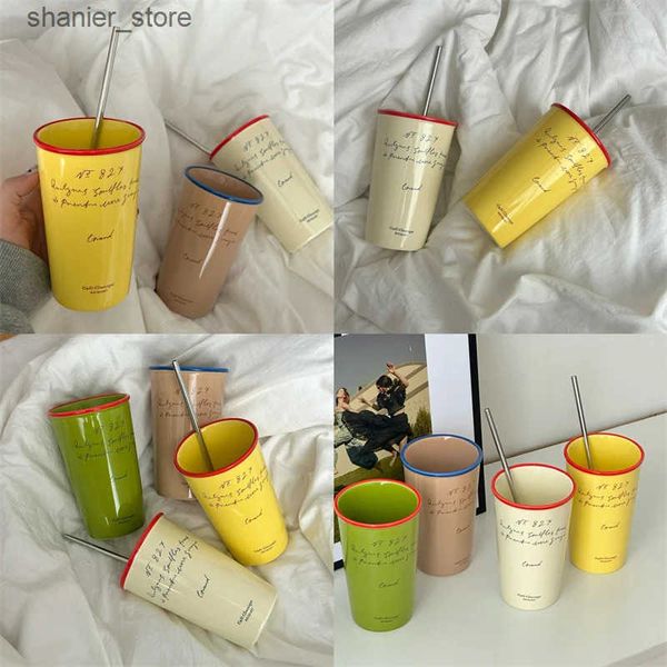 Mugs Luxury Korean coffee cup with straw aesthetic ceramic cup suitable for tea milk juice mocha lover breakfast cup birthday gift 450ml L24