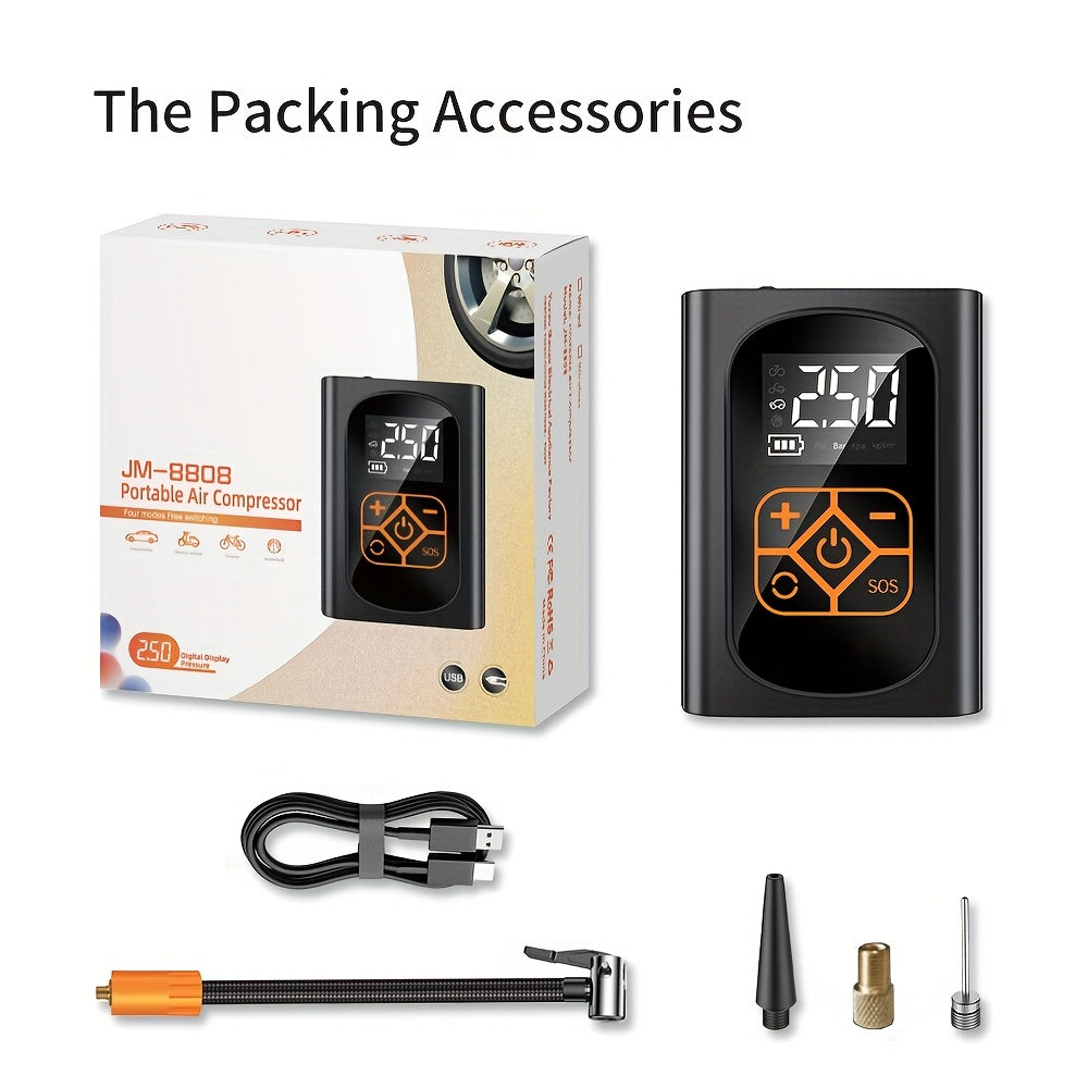 TEMU 1pc Portable Car Tire Inflator With Led Light Digital Display, Lighting, Portable Electric Air Pump, Usb Charging, Safe And Air Compressor For