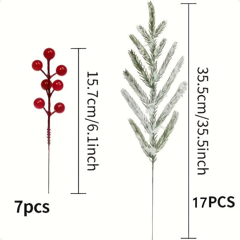 TEMU 24 Artificial Norfolk Pine Branches, 12.8-inch Realistic Pine Wreath, With Red Seeds And Snow-covered Stems. Green Needles, Sturdy Leaves, And