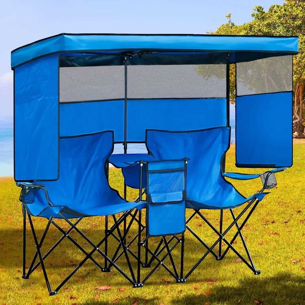 Covered camping chairs sun shading beach chairs heavy-duty folding Loveseat with cup holders suitable for outdoor lawns and terracesW241111