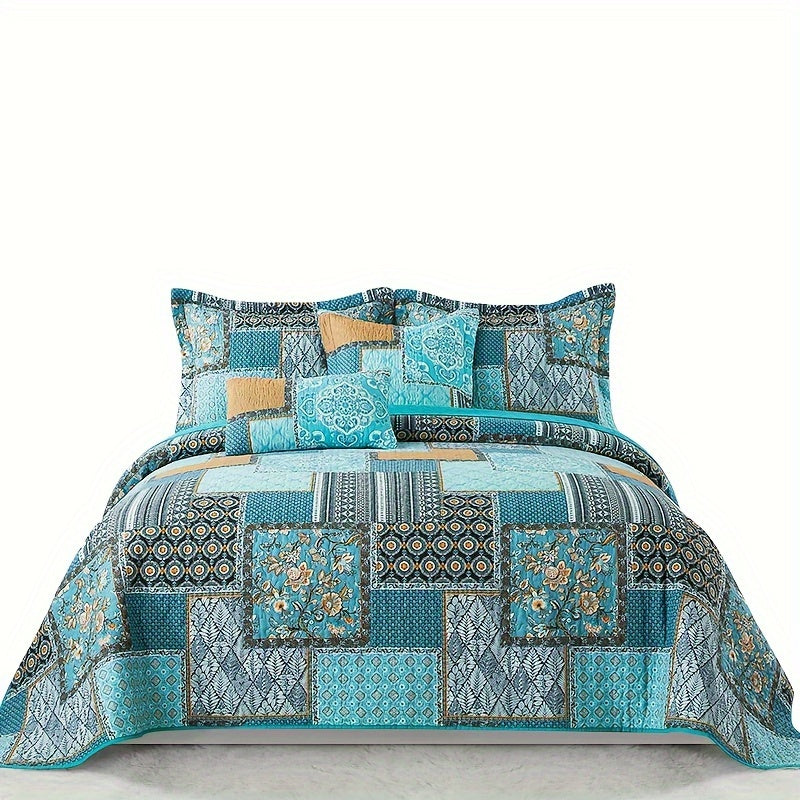 TEMU Teal Cotton Quilt Comforter Set, 3pcs Lightweight Quilted Quilt Bedding Set With 2 Pillowcases, Reversible Turquoise Bedspread For All Season,