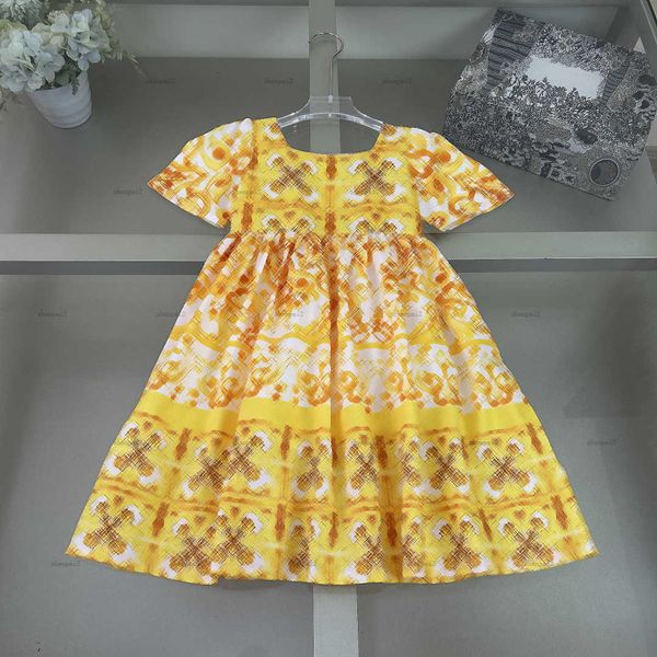 Luxury girls dress Summer Short sleeve Princess dress kids designer clothes Gold symmetrical print skirt High quality baby partydress