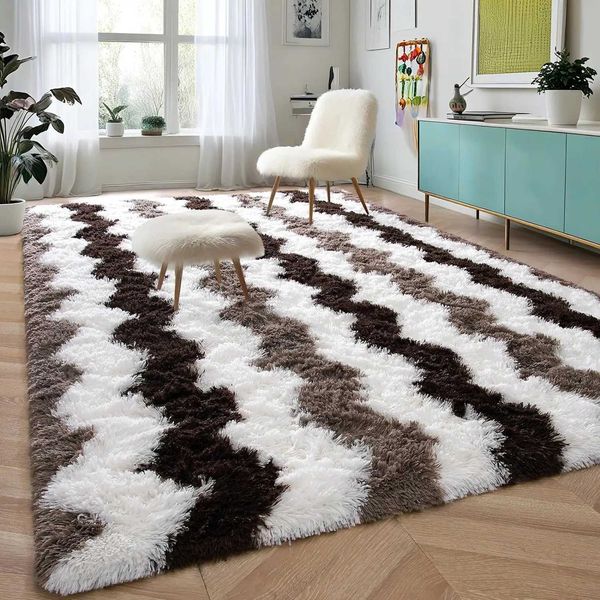 Soft Rugs P Area Rugs for Living Ro Bedro Fluffy Carpets He Decor5x8ftStripe BrownT250121