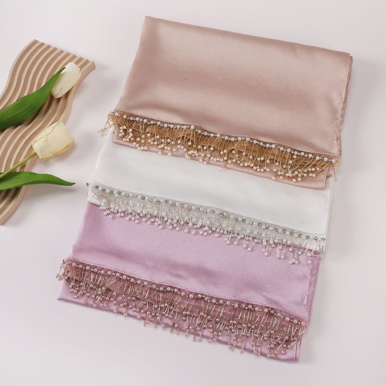 T587 new bubble satin crystal bead tube long scarf Hui ethnic handmade gauze scarf