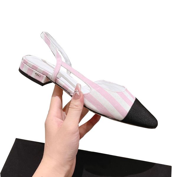 Womens Slingbacks Sandals Chunky Heels Dress Shoe Designer Striped Cloth Square Toes Slip On Leisure Shoe Classic Pink Black Outdoor Casual