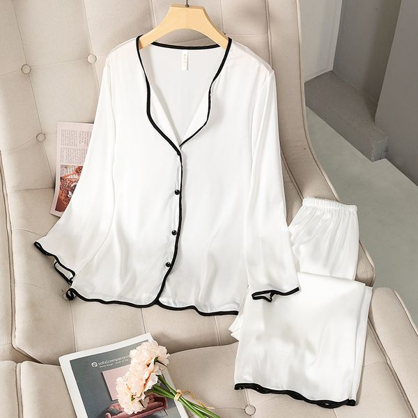 Womens Sleepwear Pajamas Women Spring Summer Thin Ice Silk Satin Loungewear Trouser Suits Solid White Black Edge Long Sleeve Home Wear 23031