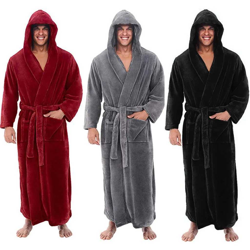 Mens Autumn Spring Shower Robe Long-sleeved Bathrobe Comfortable Hooded Nightgown Bath Gown Sleepwear Plus Size Nightwear Coats Y240919