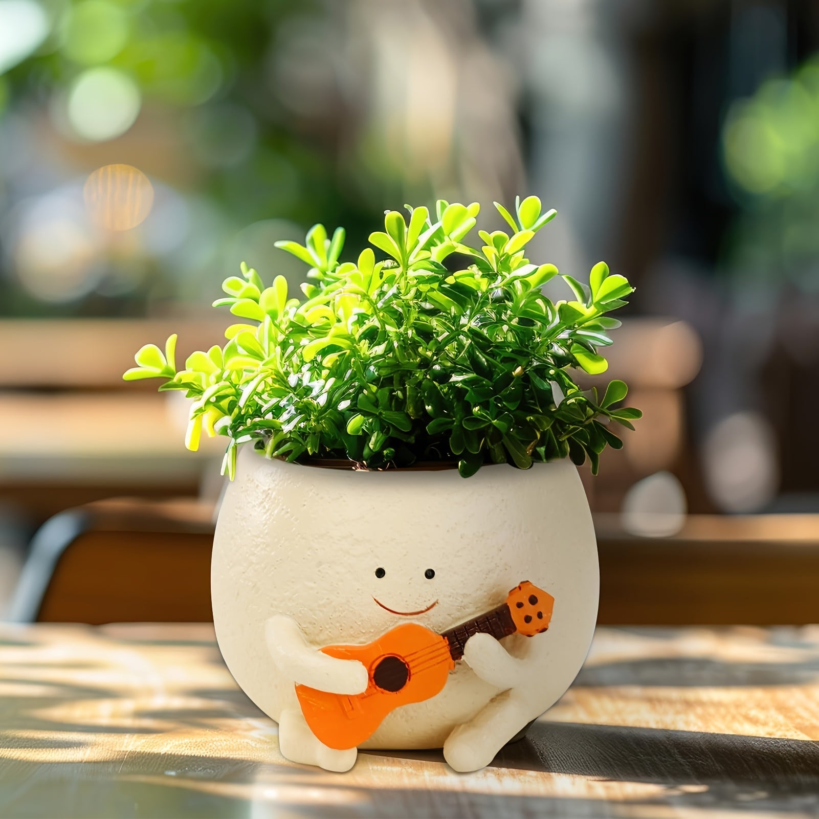 TEMU Resin Planter Featuring A Ukulele-playing Figurine Design, Complete With Drainage Holes For Indoor And Outdoor Potted Plants Such As Succulents.