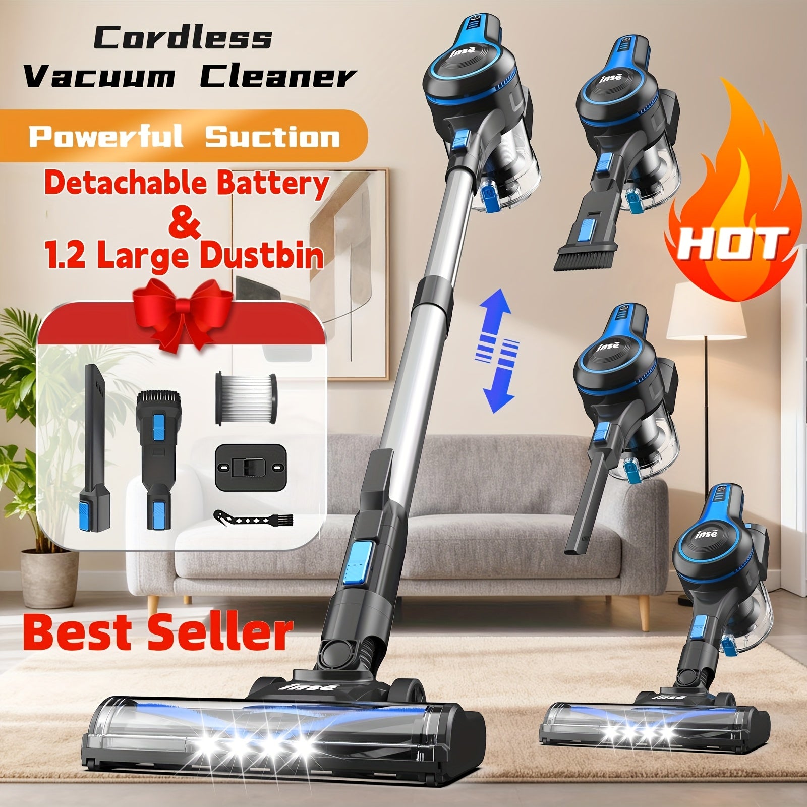 TEMU Inse Vacuum Cleaners For Home, 46kpa, 6-in-1 Rechargeable Powerful Handheld Vacuum Cleaner-high Suction-detachable Battery, Running Time 45