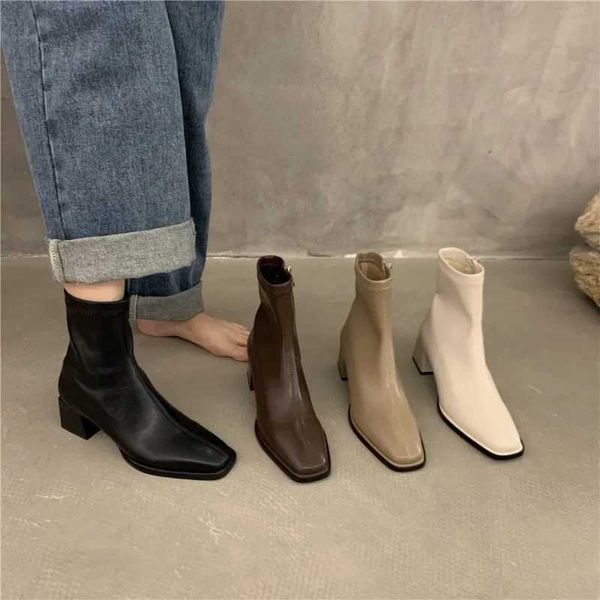 2024 Autumn Winter Fi Design Heel Ankle Boot Square Toe Zipper Ladies Casual Chelsea Boots Shoes Soft Leather Short BootXJ250115