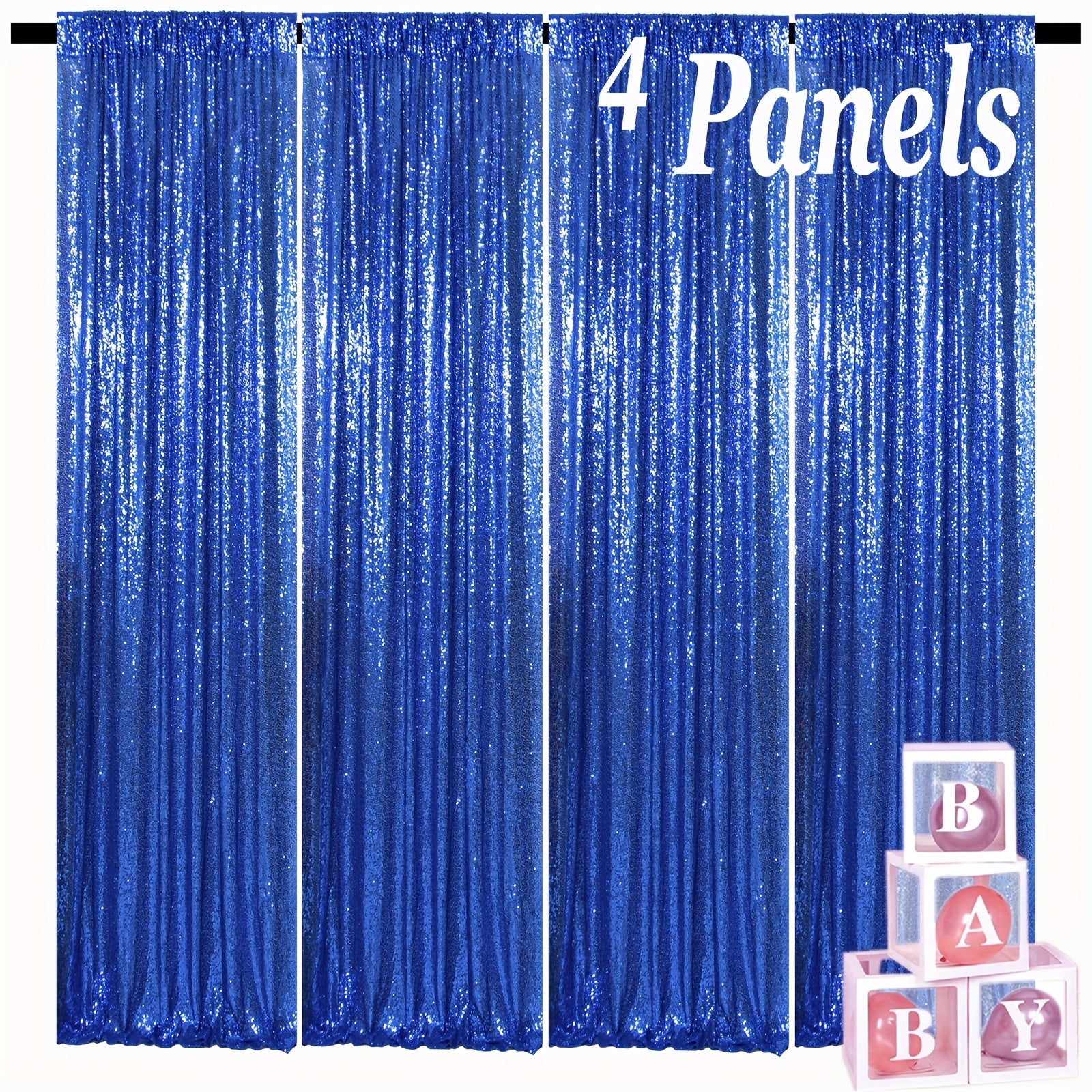 TEMU 4pcs Royal Blue Sequin Curtains - Wedding Party Backdrop, Shimmering Window Drapes With Rod Pocket For Photo Booth, Birthday, Prom Decorations -