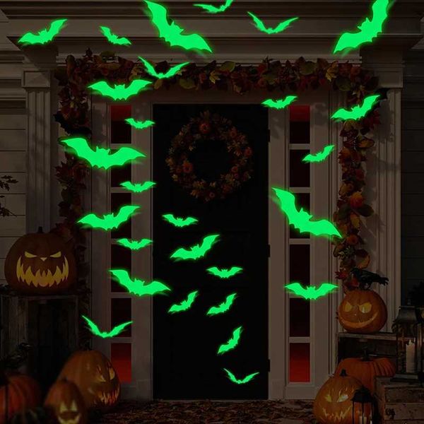 16pcs Glow Halloween Wall Stickers Halloween Glow In The Dark Window Decals Bat Decal Halloween Holiday Haunted House Home Decor Y240817