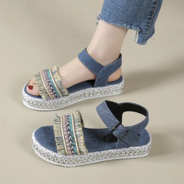 New 2024 Summer Large Size Thick Sole Sandals Buckle Hemp Rope Flat Bottom Women Shoes Platform 57a5