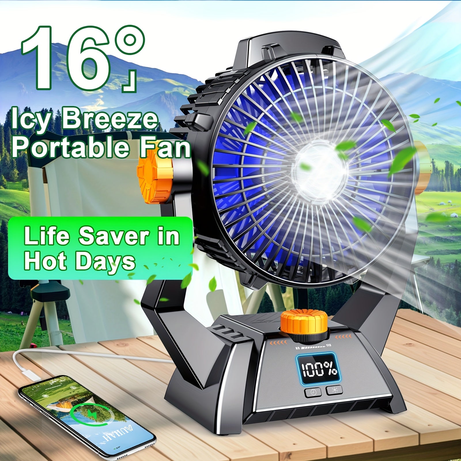 TEMU Portable Camping Fan With Led Light, Usb Charging, Speed Control, Tent Hook, Portable Outdoor Desktop Fan, Ultra Long Lasting , Perfect Or