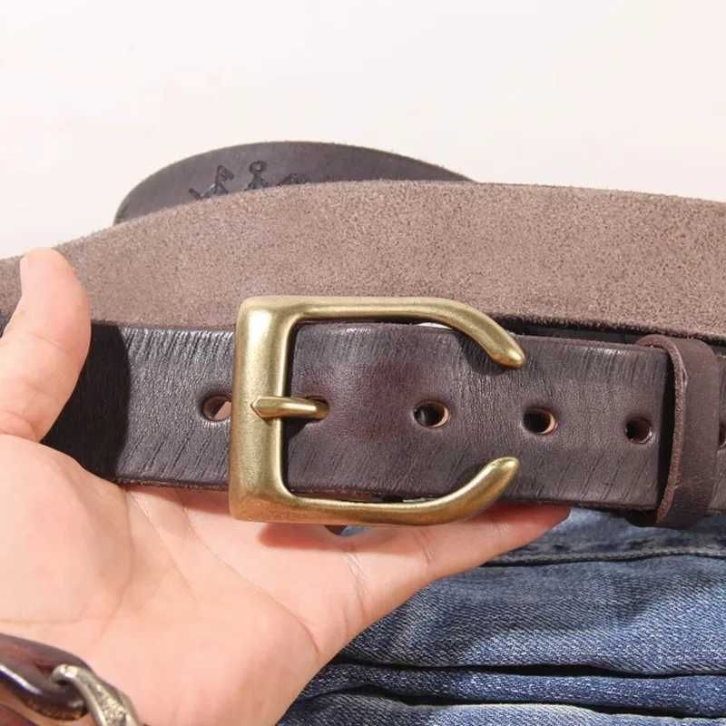 Best Ultra thick cowhide personalized brass trumpet shaped buckle mens belt retro laser engraving lucky Phaeton symbol denim belt W250326